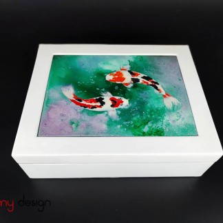 White rectangular lacquer box with hand-painted fish on lid 26*18*H8cm